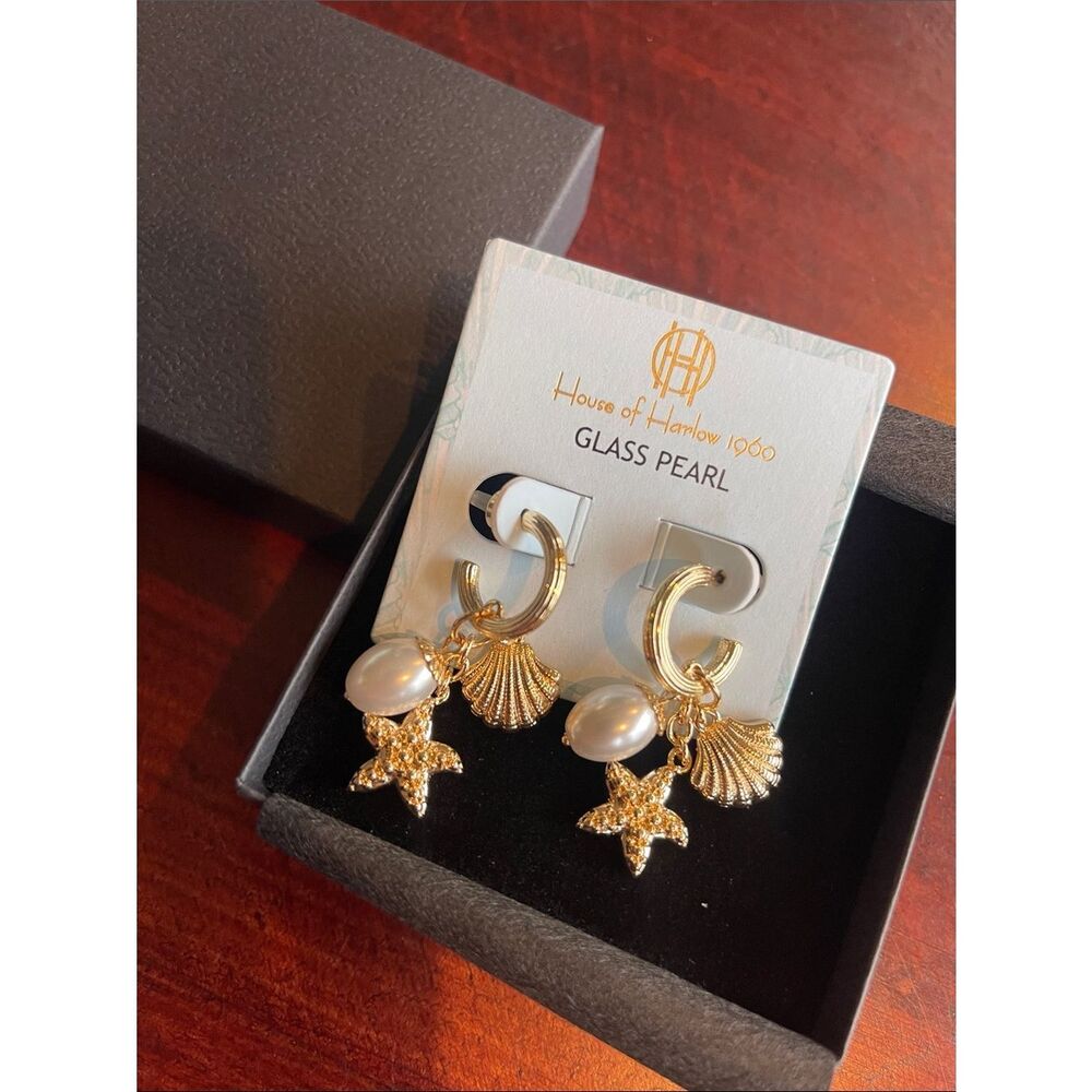 House of Harlow 1960 Gold Hoop Earrings with Pearl, Starfish & Shell Charms